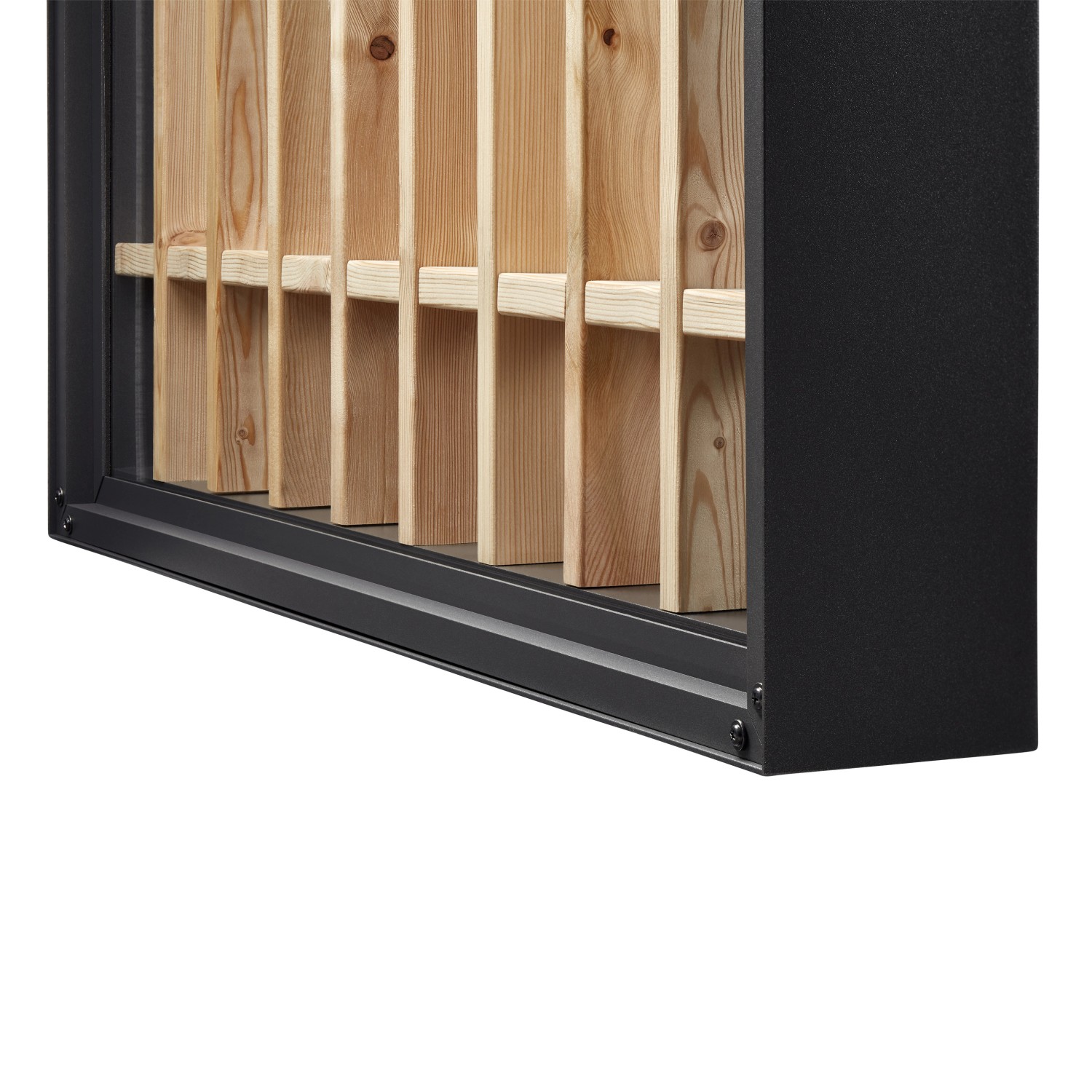 Gutta Seitenteil für Vordach Timber-Line aus Echtholz und schwarzem Rahmen.