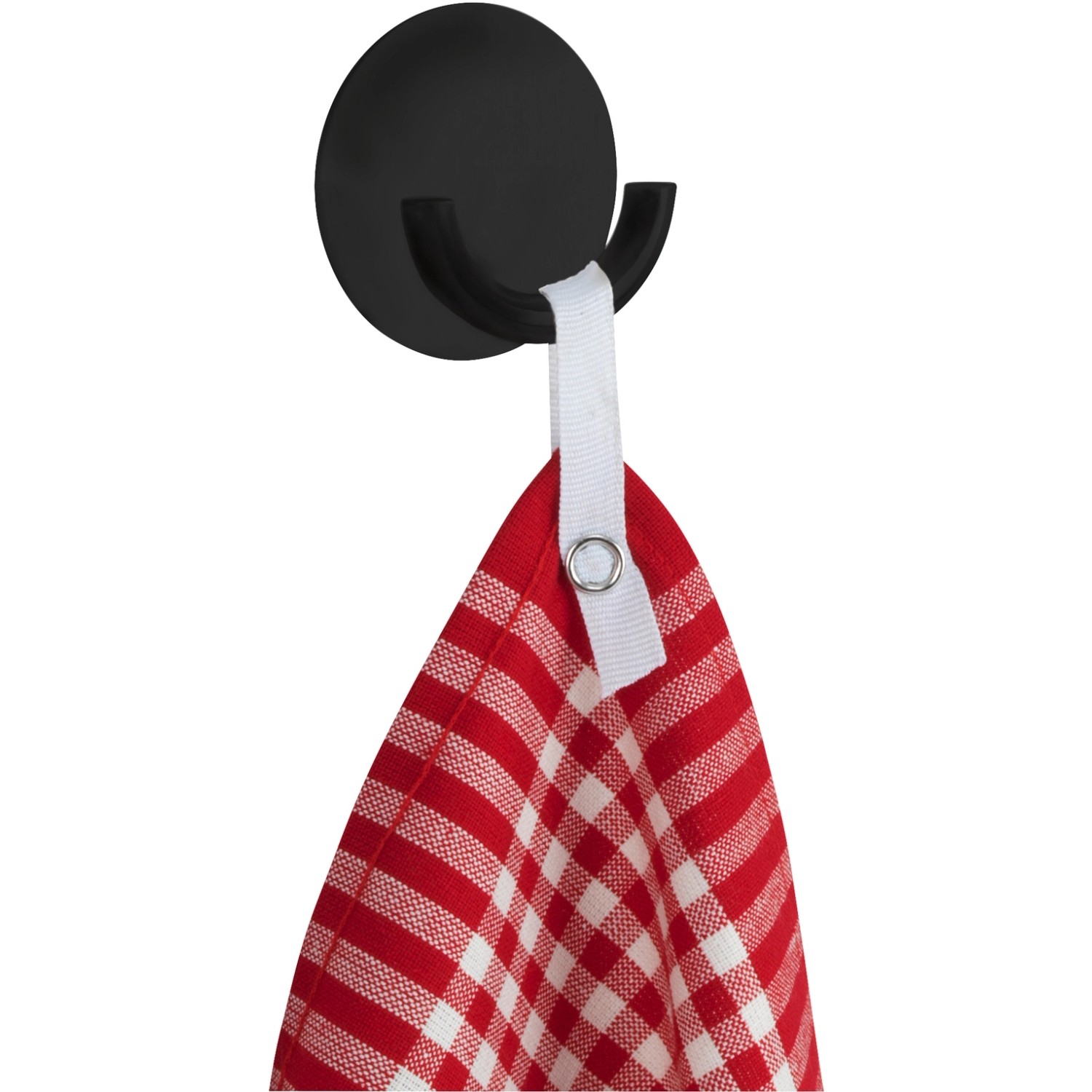 Schwarzer Wenko Küchenhaken Rondo aus Edelstahl mit Geschirrtuch.