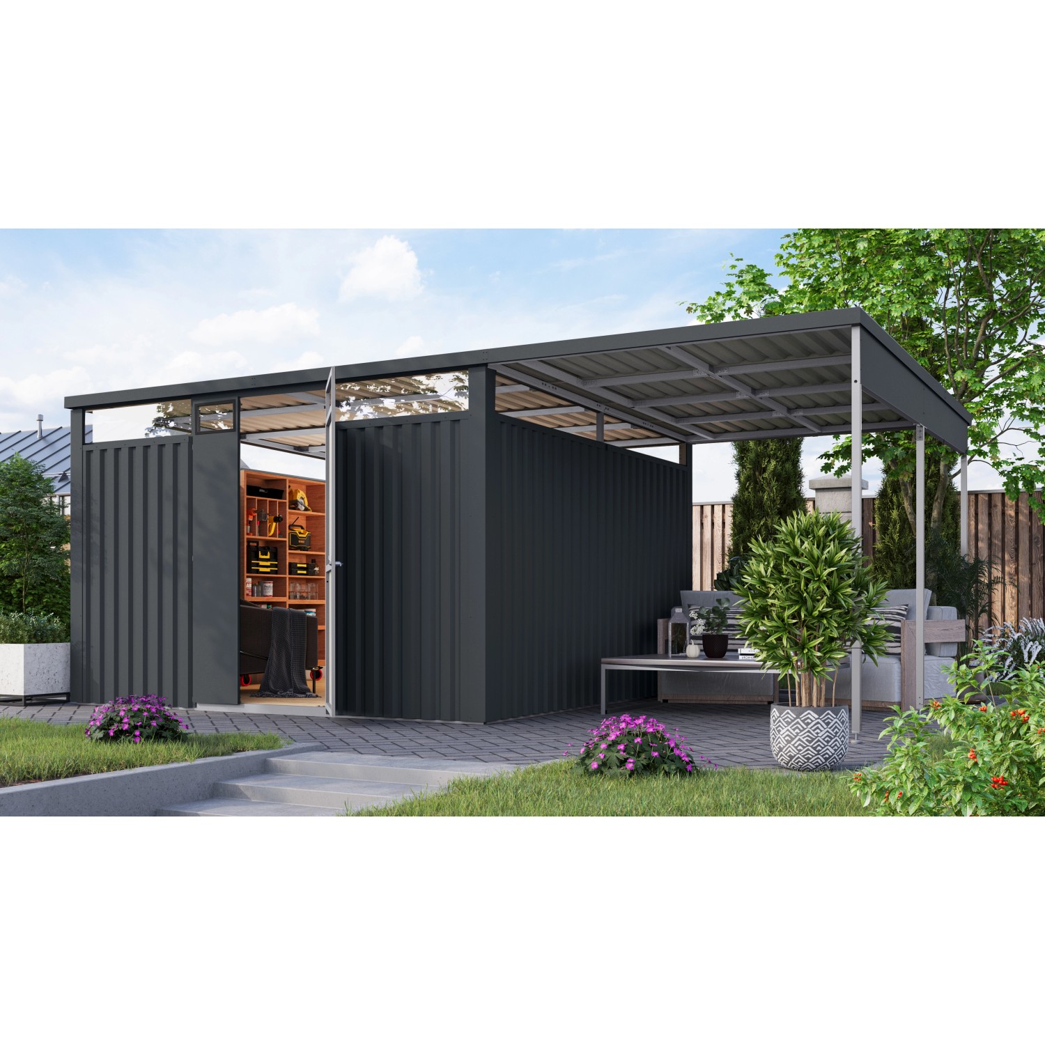 Karibu Metallgerätehaus Amato mit Anbaudach in Anthrazit, 220x342x342 cm. Gerätehaus mit offenem Anbau.