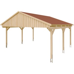 Skan Holz Carport Fichtelberg aus Fichte mit roten Schindeln, naturbelassen.