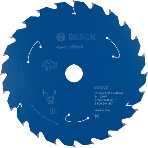 Blaues Bosch Kreissägeblatt Expert for Wood für Akkusägen, Detailansicht.