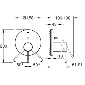 Technische Zeichnung: Grohe Essence Einhand-Wannenbatterie Cool Sunrise für Unterputz mit Maßangaben.