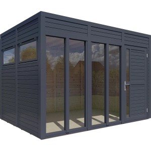 Modernes, anthrazitfarbenes Bertilo Holz-Gartenhaus Cubus 3 Office mit großen Glasfenstern und Tür.
