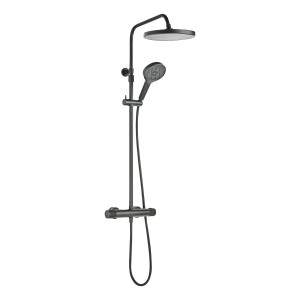 Schwarzes Schöner Wohnen Duschsystem Glaia mit Thermostat und Kopf- und Handbrause.