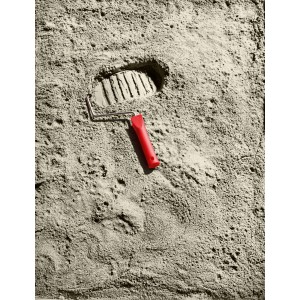 Schöner Wohnen Trendfarbe Moon, matte Wandfarbe mit Farbroller und Fußabdruck.