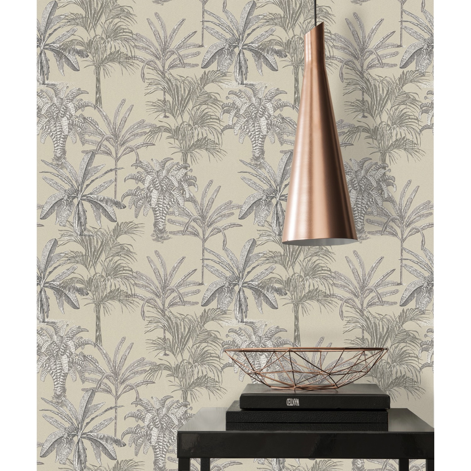 Michalsky Living Vliestapete Change mit Palmenmuster in Beige und Grau.