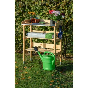 Dobar Pflanztisch aus Holz mit verzinkter Arbeitsfläche, Ablagen und Haken. Inklusive Gartenzubehör.