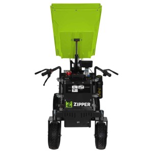 Grüner Zipper Elektro-Rad Dumper mit hochgefahrener hydraulischer Kippmulde, Frontansicht. Baumaschine.