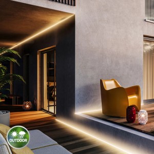 Brilo Outdoor LED-Strip: Warmweißes Lichtband beleuchtet Terrasse und Fassade.