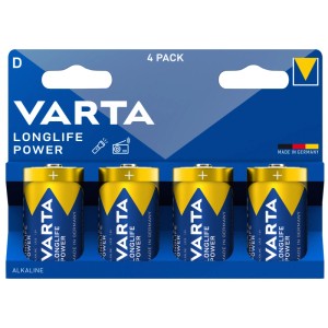 Vier gelb-blaue Varta Mono D LR20 Alkaline Batterien im 4er-Pack. 1,5V Batterien für Spielzeug und Leuchten.