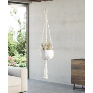 Weiße Makramee Hängeampel, Ø 20 cm, 100 cm lang, mit Topf und Pflanze.