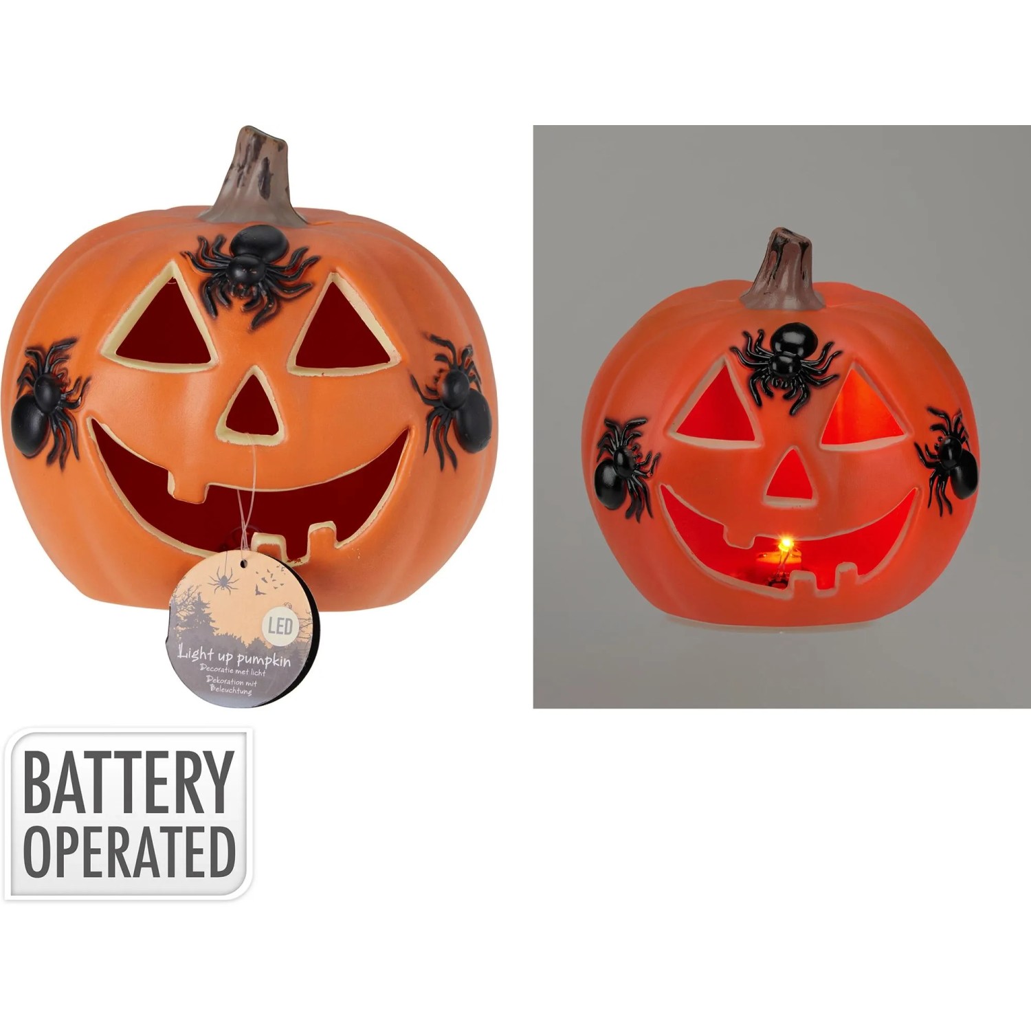Oranger Halloween-Kürbis mit geschnitztem Gesicht, schwarzen Spinnen und warmem Licht. Dekorative Figur, batteriebetrieben.