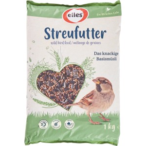 Verpackung Elles Wildvögel-Streufutter 1kg mit Körner-Herz und Spatz.