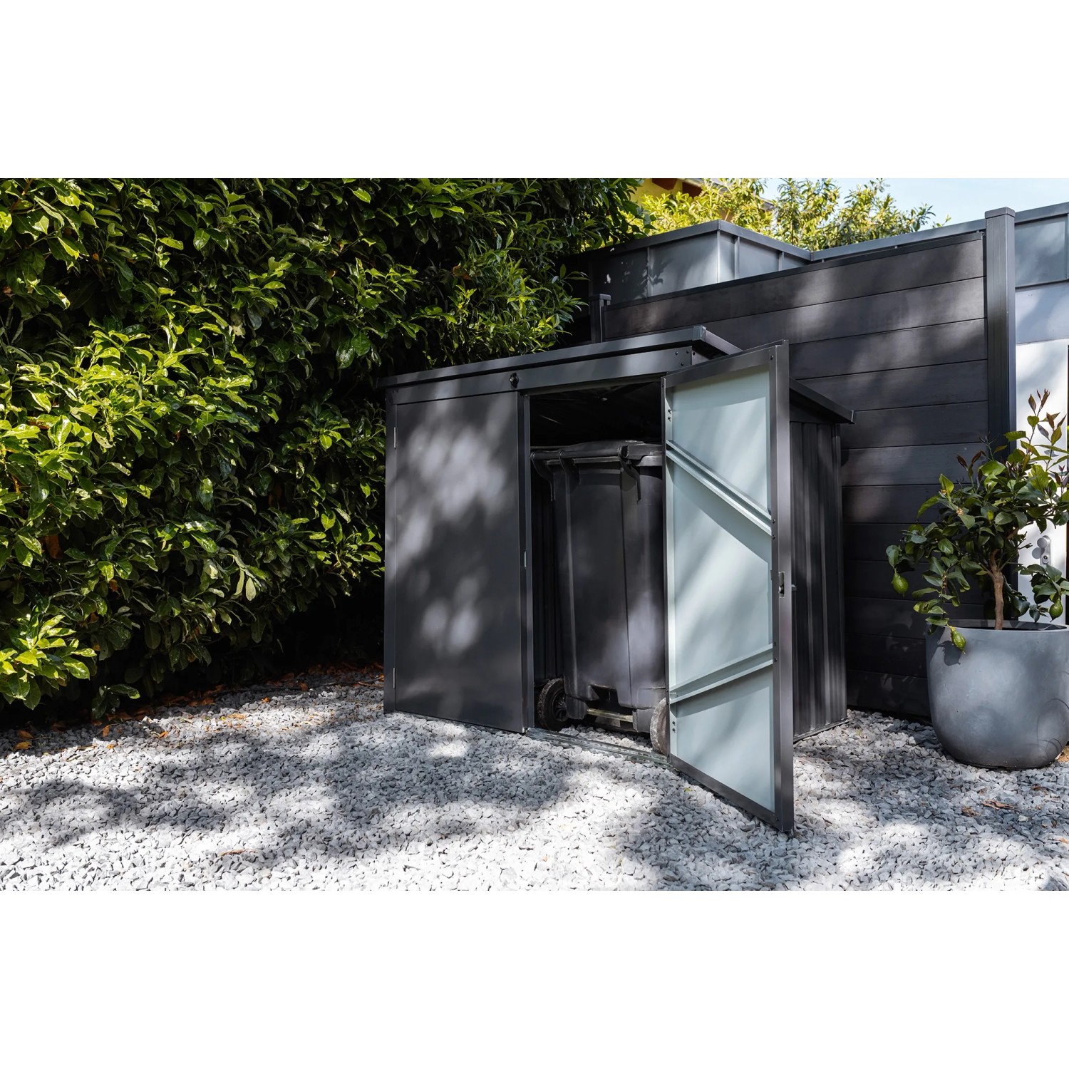 Floraworld Mülltonnenbox: Garage für 2 Mülltonnen (240L) aus Stahlblech, anthrazit, mit abschließbarer Tür.