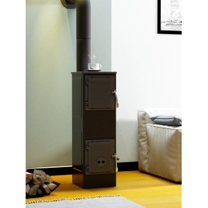 Schwarzer Werkstattofen aus Stahl, 6 kW, mit zwei Türen und Rauchrohr.
