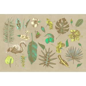 Fototapete mit Blumen, Flamingo, Blättern in Beige und Grün, 4,00 m x 2,70 m, FSC®-zertifiziert.