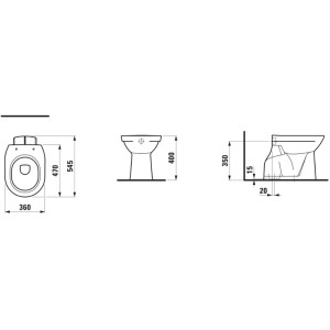 Technische Zeichnung Laufen Stand-WC Pro, senkrechter Abgang, ohne Spülkasten und WC-Sitz, Maße in mm.