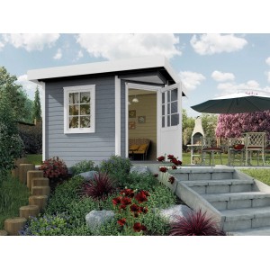 Lasiertes Weka Holz-Gartenhaus mit Flachdach, 298x338 cm. Modernes Gartenhaus für Geräte und Freizeit.