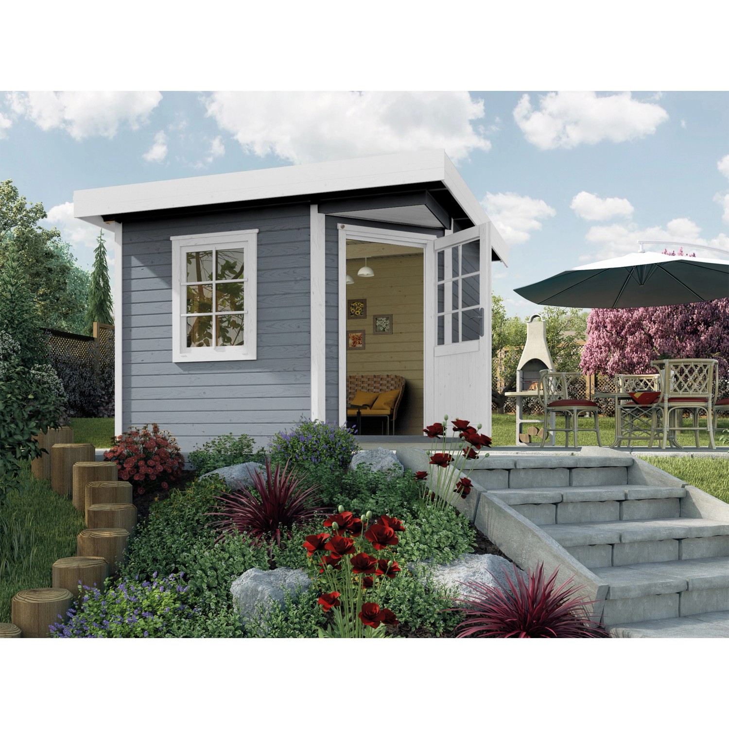 Lasiertes Weka Holz-Gartenhaus mit Flachdach, 298x338 cm. Modernes Gartenhaus für Geräte und Freizeit.