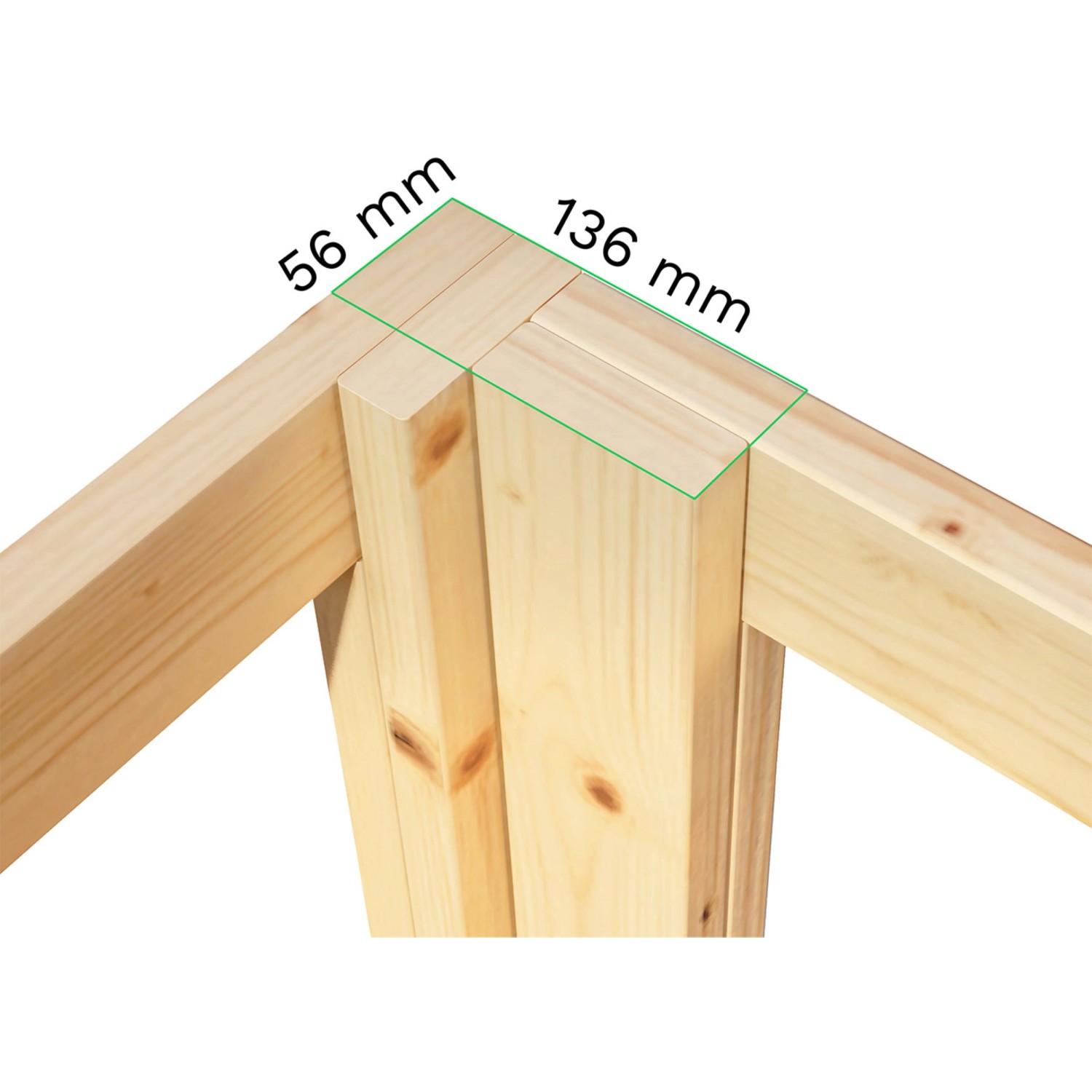 Detailaufnahme der Holzkonstruktion des Bertilo Gartenhauses, Maße 56 mm x 136 mm.