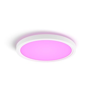 Rundes, weißes Philips Hue LED-Panel Tento mit farbigem Licht, montiert an der Decke.
