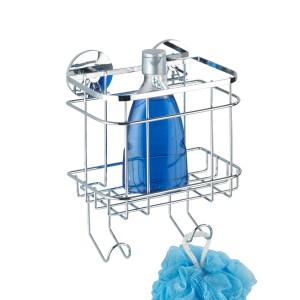 Wenko Turbo-Loc Wandkorb mit Haken, Edelstahl glänzend, mit Duschgel und Badeschwamm.