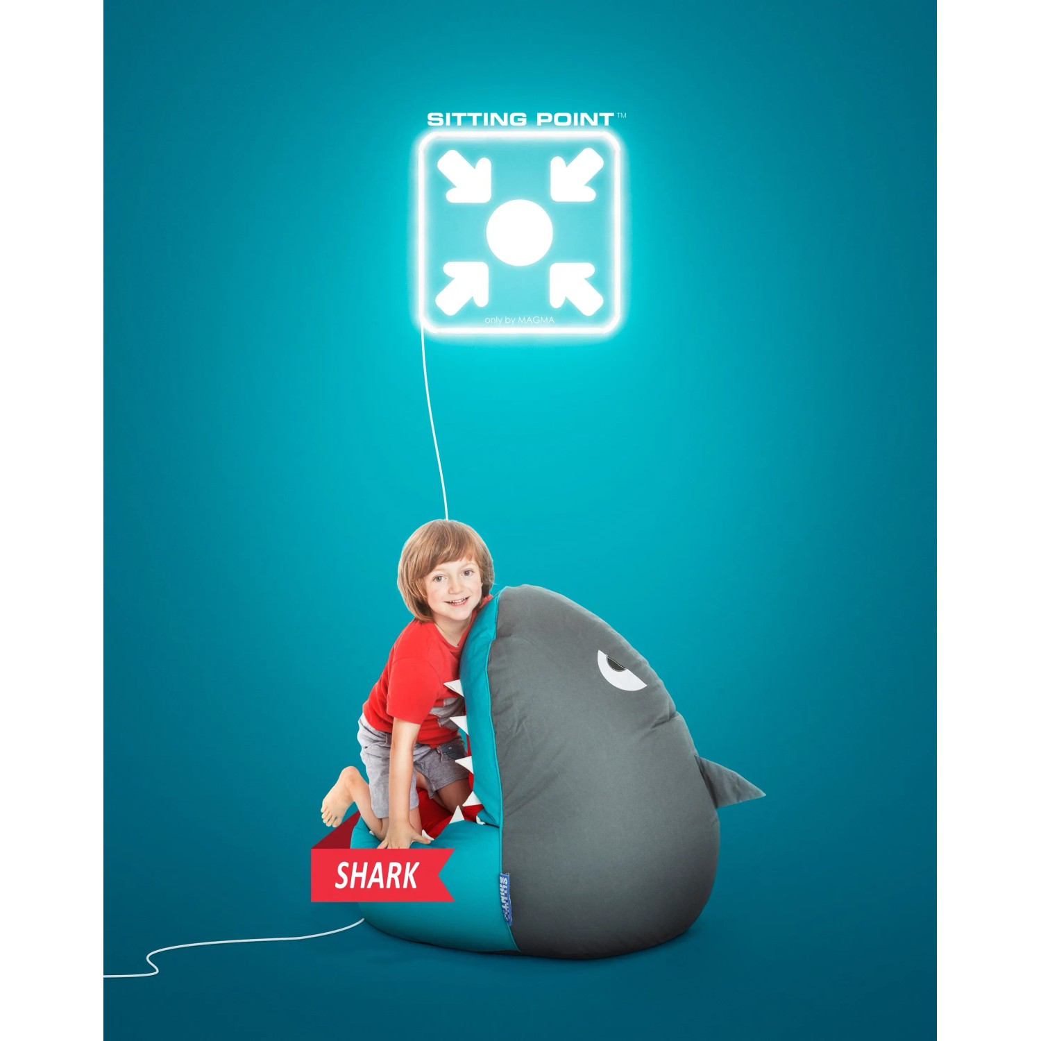 Bunter Sitting Point Sitzsack Shark für Kinder, Haifisch-Design.