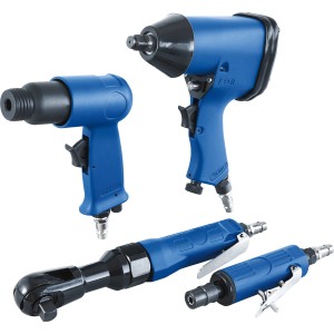 LUX Druckluft-Set, 33-teilig: Schlagschrauber, Ratschenschrauber, Schleifer und Meißelhammer.