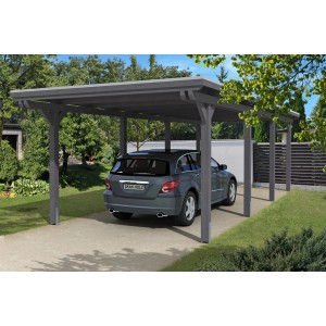 Skan Holz Einzelcarport aus Leimholz in Schiefergrau mit EPDM Dachbahn und Auto.