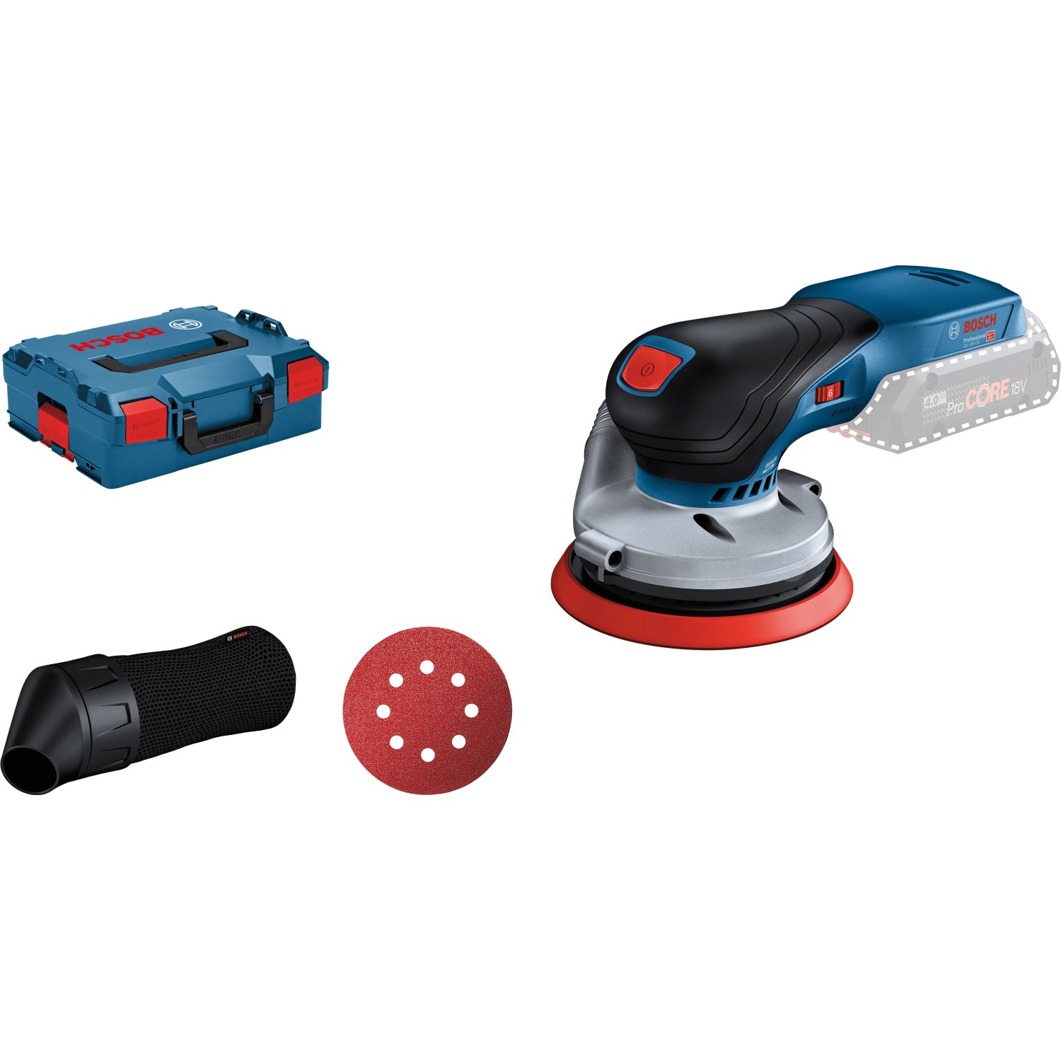 Bosch Professional Akku-Exzenterschleifer GEX 18V-125 Solo mit L-Boxx, Schleifblatt und Staubbeutel.