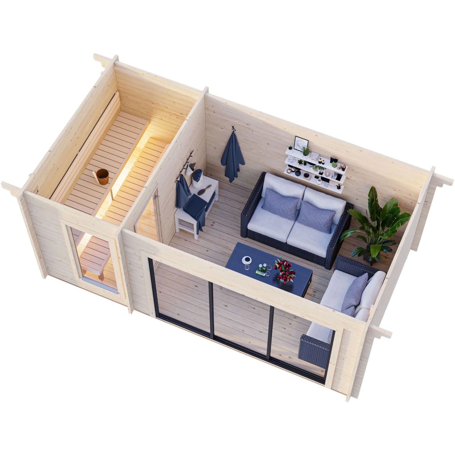 Palmako Sauna Sanna Slide Plus: Saunahaus mit Ruheraum und Schiebetür, naturbelassenes Fichtenholz.