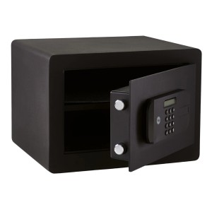 Offener, schwarzer Yale Tresor High Security Safe mit digitalem Tastenfeld.