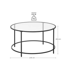 Vasagle Couchtisch Glas, Ø 84cm, schwarz. Runder Tisch mit Glasplatte und schwarzem Stahlgestell.