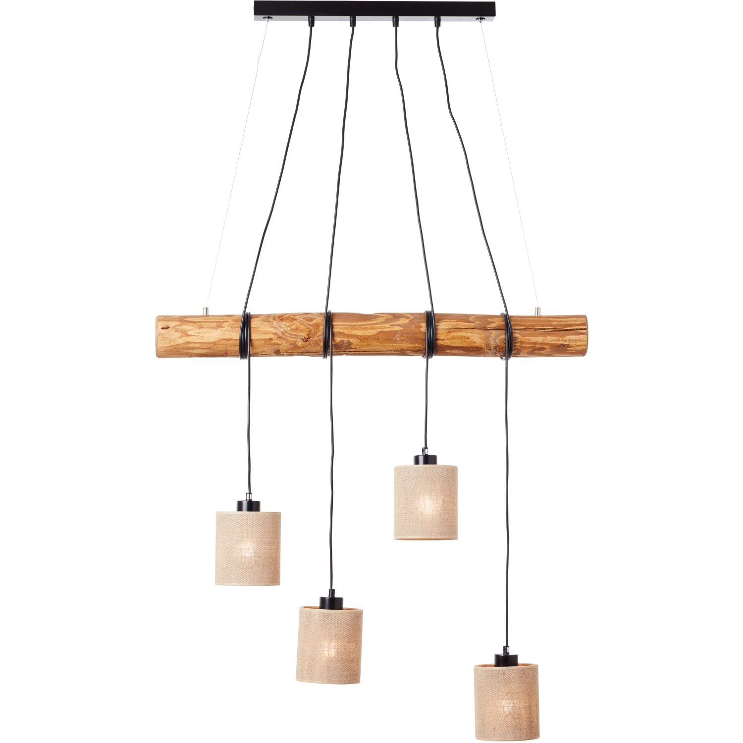 Brillante Pendelleuchte Vander aus FSC®-Holz, Kiefer Braun, mit vier Lampenschirmen.