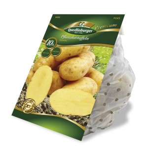 Quedlinburger Pflanzkartoffeln Salome, Frühkartoffeln im Kleinpack mit gelber Schale und gelbem Fruchtfleisch.