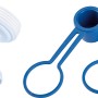 Weißer Doppelanschlusskopf 47,8 mm mit zwei blauen Verschlusskappen für Siphonanschlüsse.