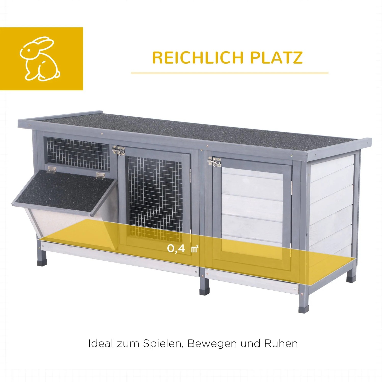 Grauer PawHut Hasenstall aus Tannenholz mit Freilaufgehege, Gittertüren und Futternapf. Ideal für Kleintiere.