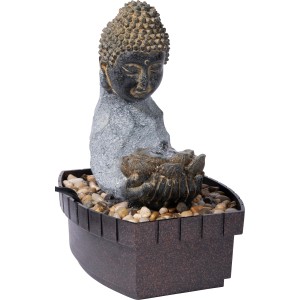 Dobar Zimmerbrunnen Buddha mit Lotusblüte in Steinoptik und Deko-Steinen.