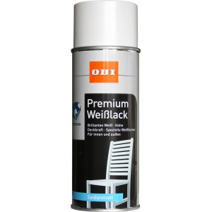 OBI Premium Weißlack Spray, seidenmatt, 400ml Dose für Innen- und Außenanwendungen.