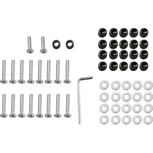 Montage-Set für Davenport Kissenbox: Schrauben, Unterlegscheiben, Kappen und Imbusschlüssel.