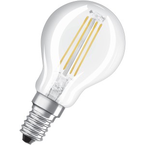Osram E14 LED-Lampe in Tropfenform, 6,5W, 806lm. Klares Glas, warmweißes Licht.