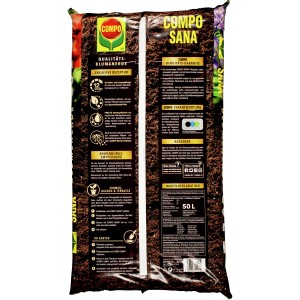 Sack Compo Sana Qualitäts-Blumenerde 50L: Universalerde mit Nährstoffen für Zimmer-, Balkon- und Gartenpflanzen.