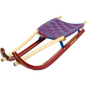 Gasser Sportrodel Zweisitzer aus Holz mit blau-rotem Gurtensitz für schnelles Rodeln.