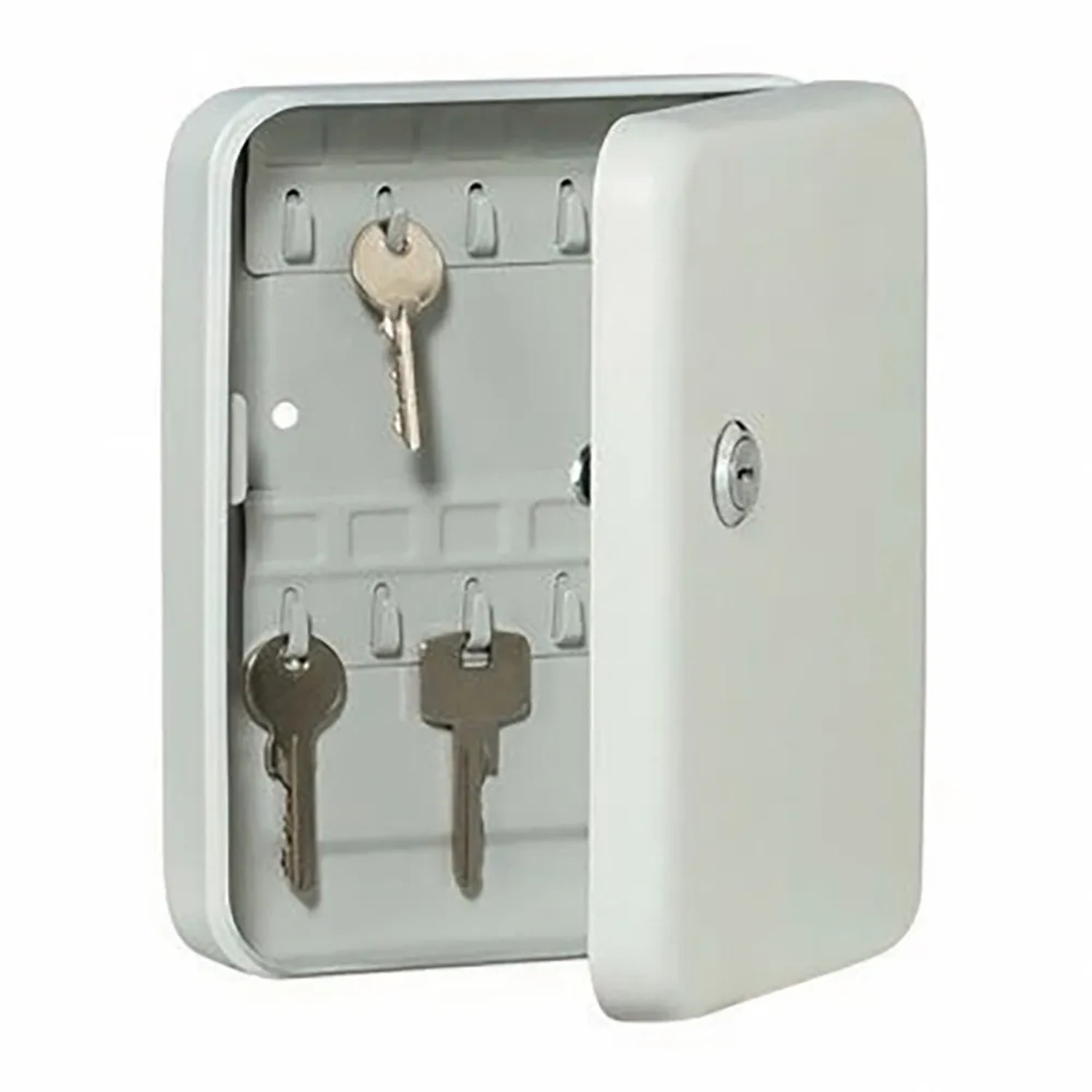 Burg Wächter Schlüsselkasten Favor KC 20, hellgrau, mit 20 Haken und 2 Schlüsseln, Tür geöffnet.