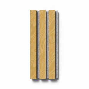 Akustikpaneel Muster Esche Natur: MDF-Holzlatten auf grauem Filz für Wand- und Deckendekor.