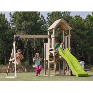 Axi Spielturm Mette mit Doppelschaukel Braun und Rutsche Hellgrün FSC®