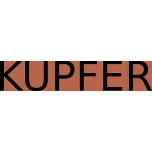 Schriftzug "KUPFER" in schwarzen Buchstaben auf kupferfarbenem Hintergrund.