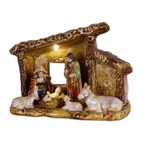 Lumineo LED-Weihnachtskrippe aus Porzellan. Beleuchtete Krippenszene mit Maria, Josef, Jesuskind und Tieren.