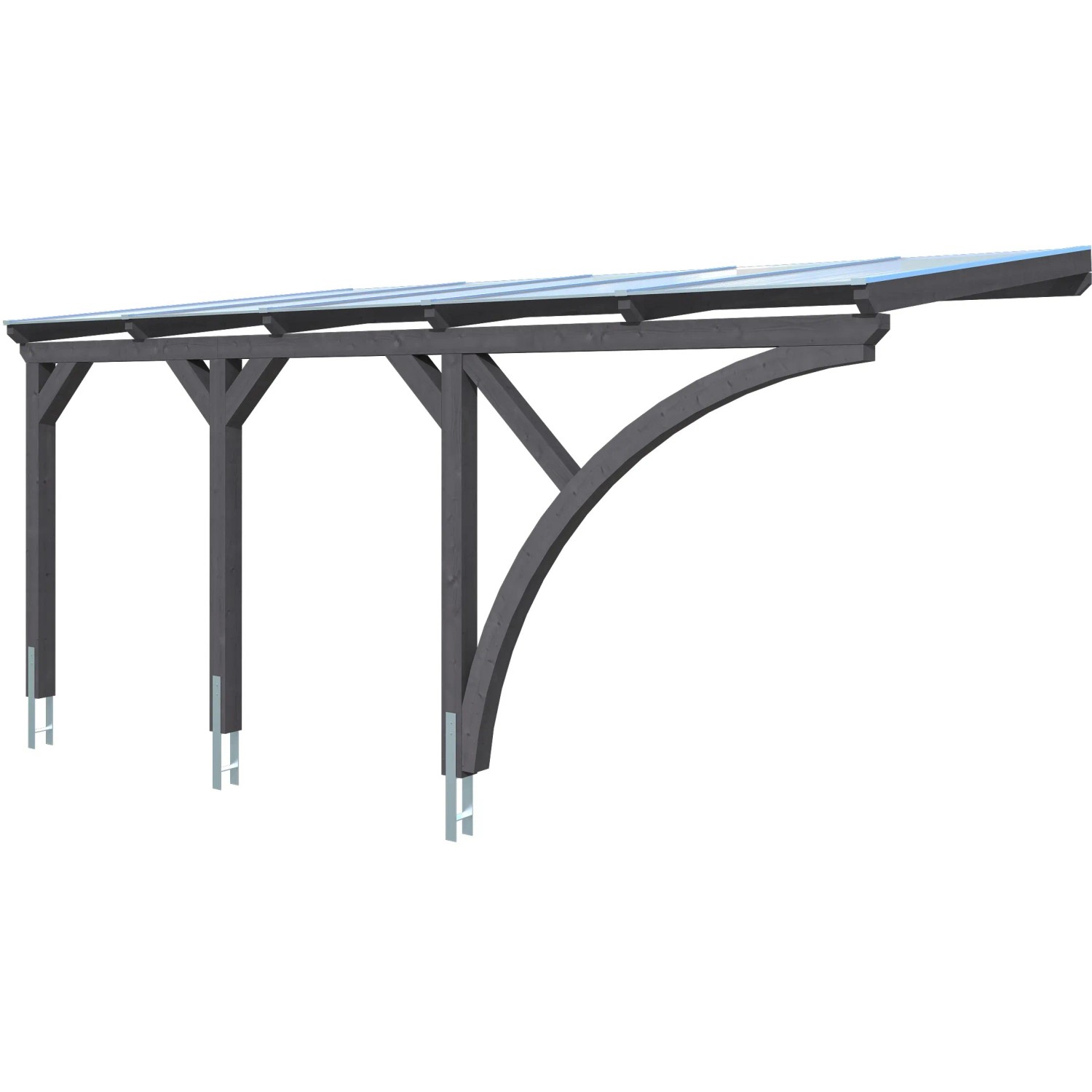 Skan Holz Carport Eifel, schiefergrau, mit Doppelstegplatten und drei Pfosten.