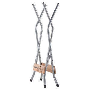 Zusammengeklappter wolfcraft Sägebock SB 60 aus Metall und Holz, klappbar.